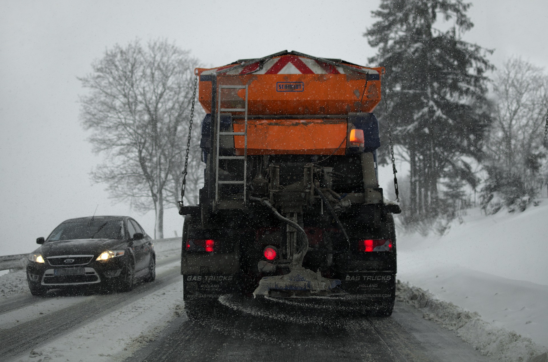 driving behind road salt truck